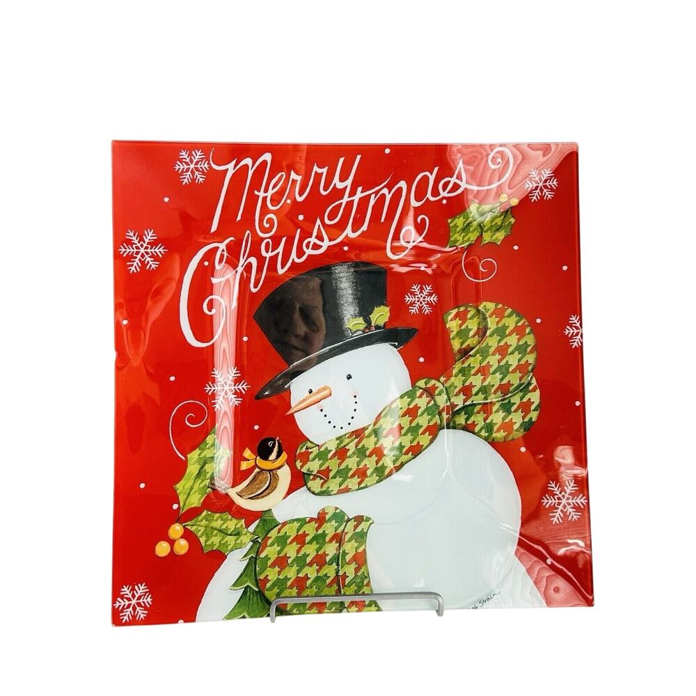 Snowman Glass Platter Deb Strain Winter Merry Christmas Plate 15” Vintage
